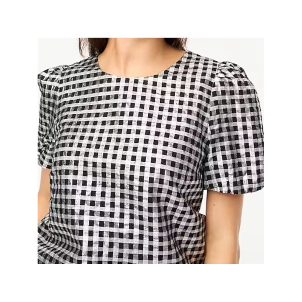 J. Crew NWT Black Silver Gingham Print Metallic Short Sleeve Blouse Size S